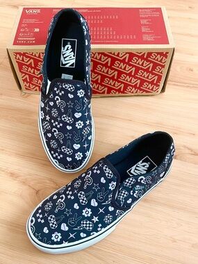Vans Black Slip-On Sneakers with Pastel Accent Icons Women 8.5 US